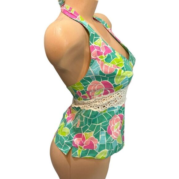 Lilly Pulitzer Floral Mosaic Crochet Cutout White Label Halter Top Eyelet Size 2 - Picture 2 of 7